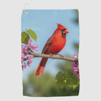 Serviette De Golf Cardinal sur une branche de Redbud