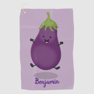 Serviette De Golf Caricature d'aubergine d'aubergine joliment heureu