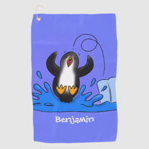 Serviette De Golf Caricature de manchot joyeux sautant