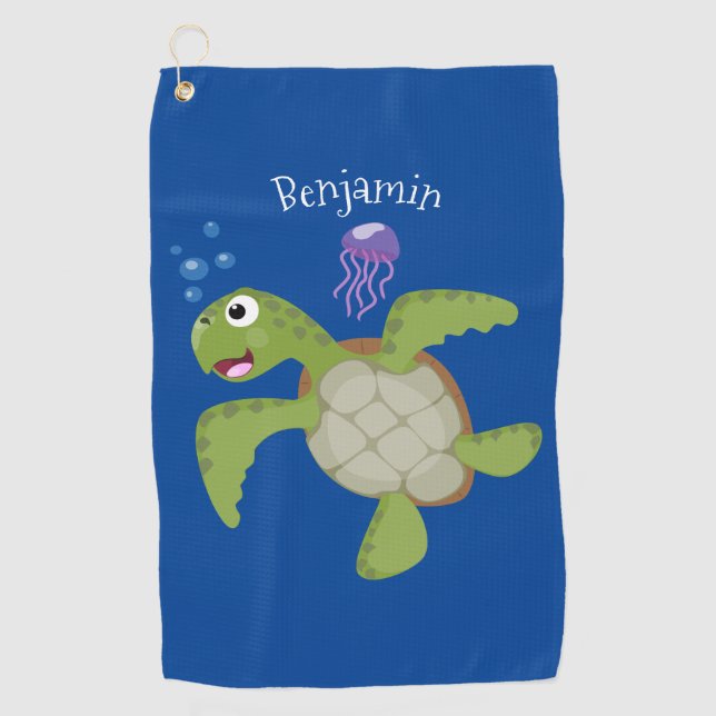 Serviette De Golf Caricature joyeuse de tortue de mer verte mignonne (Devant)