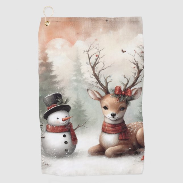 Serviette De Golf Cerf de Noël/bonhomme de neige en bois classique (Devant)