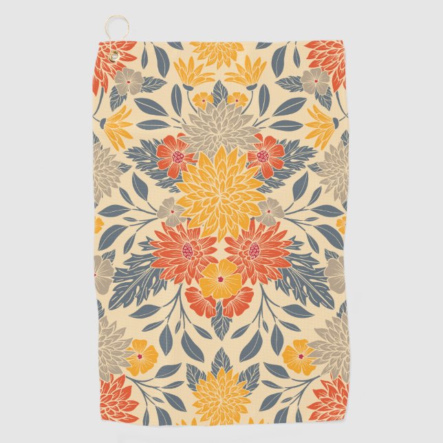 Serviette De Golf Chaleureux Jaune, Orange & Bleu Floral (Devant)