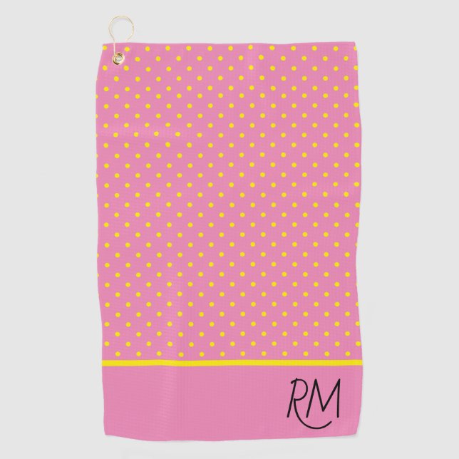 Serviette De Golf Charmant Monogramme rose avec Pois Jaunes (Devant)