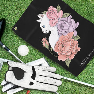 Serviette De Golf Chat Blanc Pastel Floral Botanique Romantique Noir