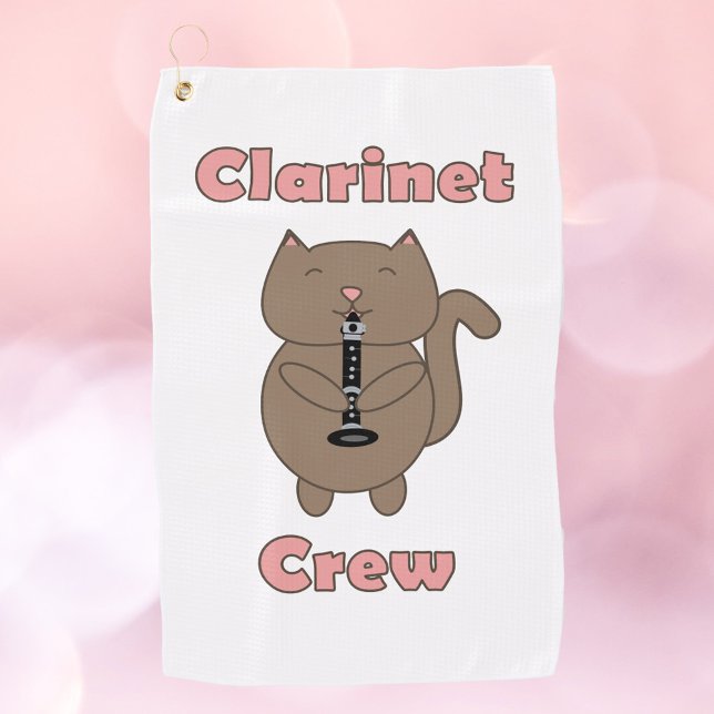 Serviette De Golf Chat Brown Clarinet Crew Rose (A golf towel that says clarinet crew with a cat playing the clarinet.)