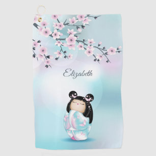 Serviette De Golf Cherry Blossoms Kokeshi Doll rose Turquoise Nom
