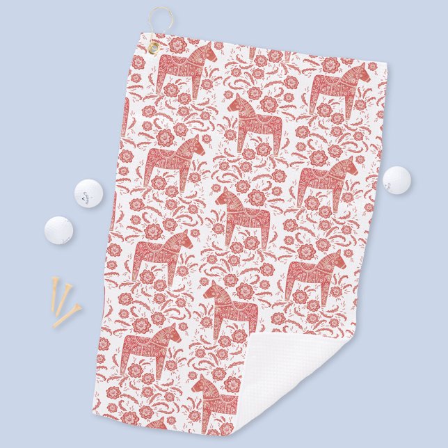 Serviette De Golf Cheval de Dala suédois Rouge et blanc (Swedish Dala Horse pattern red and white golf towel)