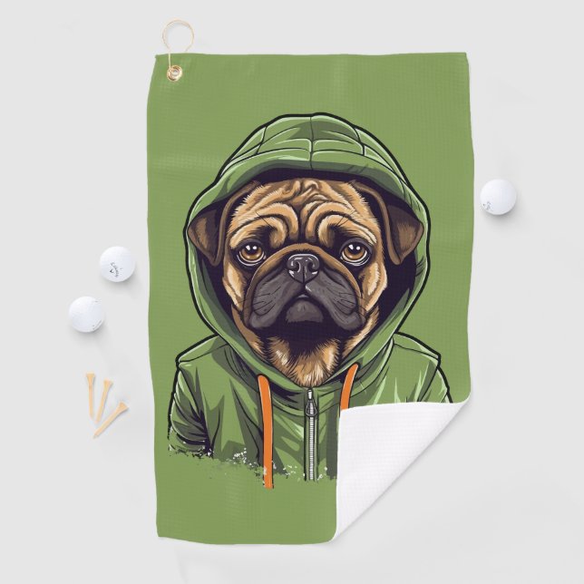 Serviette De Golf Chien carlin portant Sweat - shirt à capuche vert (En situation)