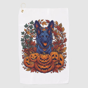 Serviette De Golf Chiens Pitbull Bleus Citrouilles Halloween Feuille