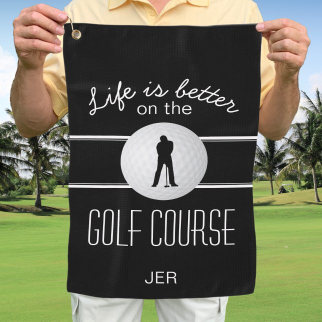 Serviette De Golf Citation Golfer Pro moderne Monogramme Noir Blanc (Modern Golfer Pro Quote Men's Monogrammed Black White Golf Towel)