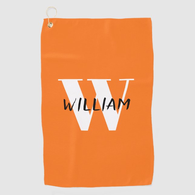 Serviette De Golf Citrouille | Élégant nom noir et blanc initial (Devant)