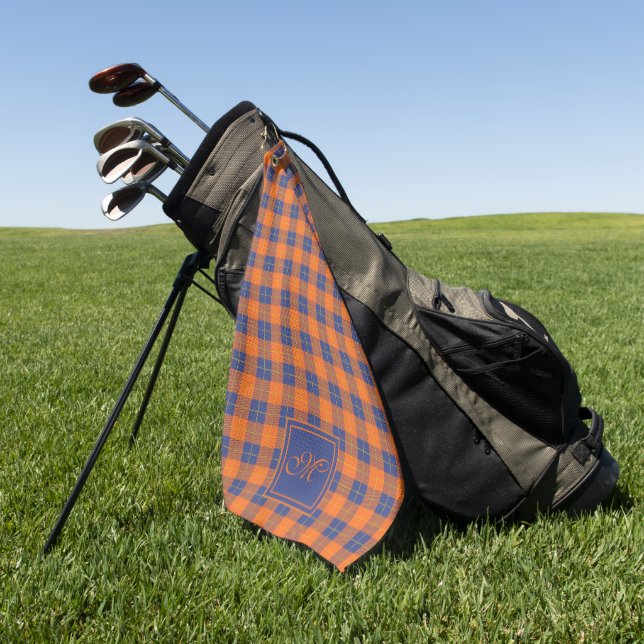 Serviette De Golf Citrouille orange bleu Tartan Plaid Monogramme (Vert)