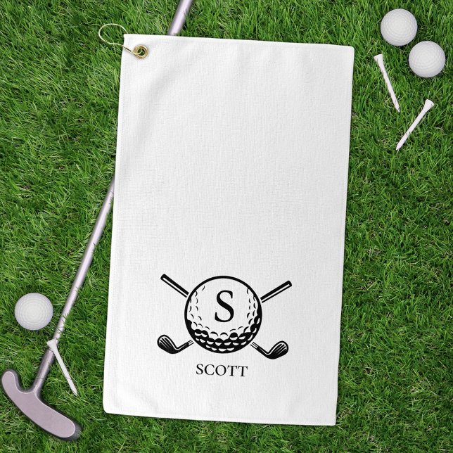 Serviette De Golf Classic Golf Clubs Monogram Name Black White (Créateur téléchargé)