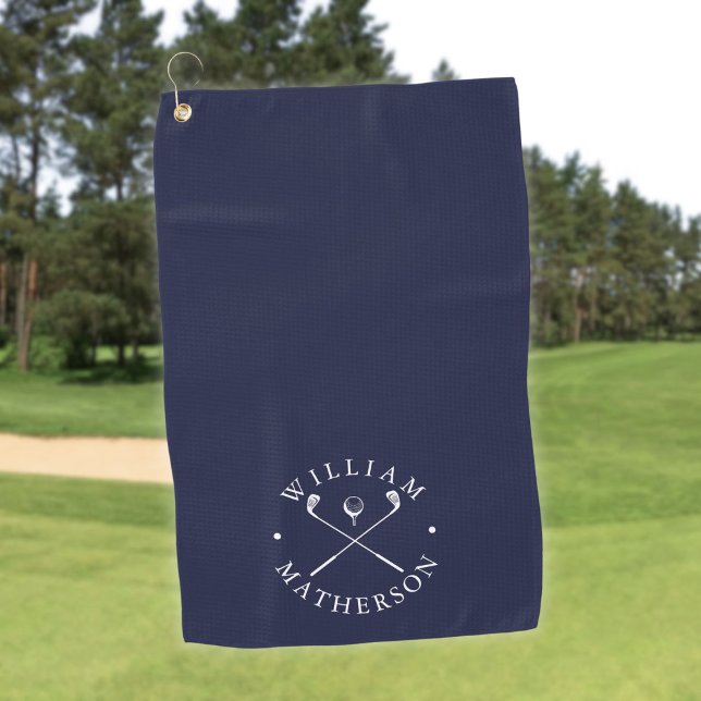 Serviette De Golf Clubs De Golf Bleus Et Blancs Navy Nom Personnalis (Navy Blue And White Golf Clubs Personalized Name Golf Towel)