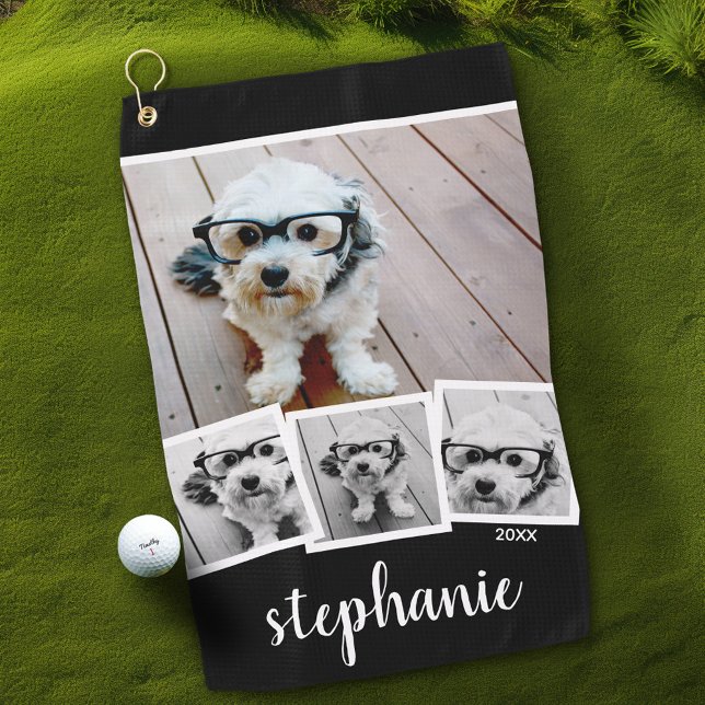 Serviette De Golf Collage photo 4 tendance Nom du script noir blanc (Personalized Golf Towel with Photos and Text)