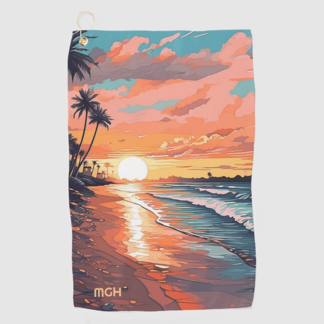 Serviette De Golf Coucher de soleil de plage tropicale sur mesure (Devant)
