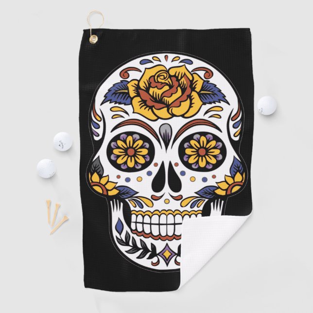 Serviette De Golf Crâne à sucre rose jaune sur noir (En situation)