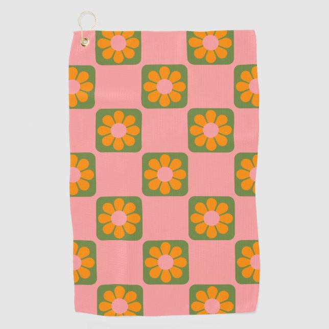 Serviette De Golf Cute Retro Hippie Fleur Checkerboard Rose Vert   (Devant)