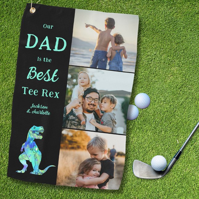Serviette De Golf Dad is the Best Tee Rex 3 Photo Funny  (Our dad is the best tee Rex custom 3 photo kids names funny dinosaur golfing joke golf towel for dad)