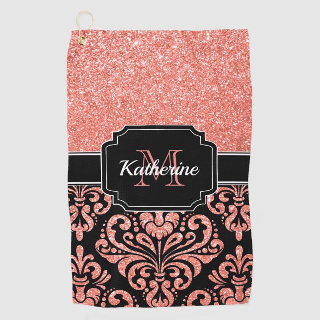 Serviette De Golf Damassé rose de parties scintillantes d'or (Devant)