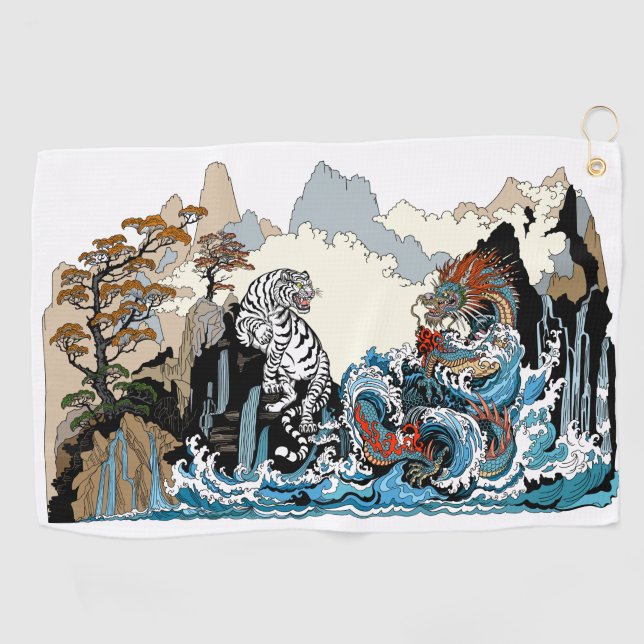 Serviette De Golf Dragon d'azur et Tigre blanc. Illustration (Horizontal)