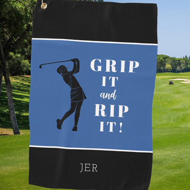 Serviette De Golf Drôle Humoristique Dames Golf Grip Rip Bleu Noir (Funny Humorous Ladies Golf Grip Rip Blue Black Golf Towel)