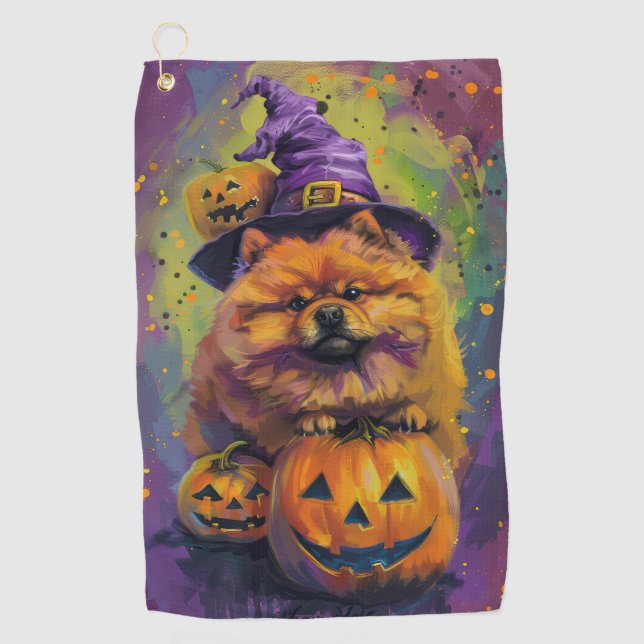 Serviette De Golf Éffrayant Chow Chow Chien Halloween sorcière et Ci (Devant)