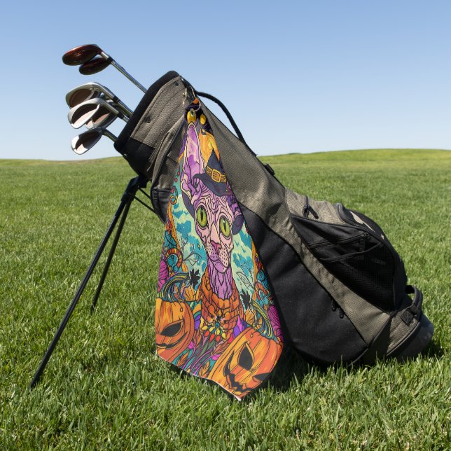 Serviette De Golf Éffrayant Sphynx Chat Halloween sorcière et Citrou (Vert)