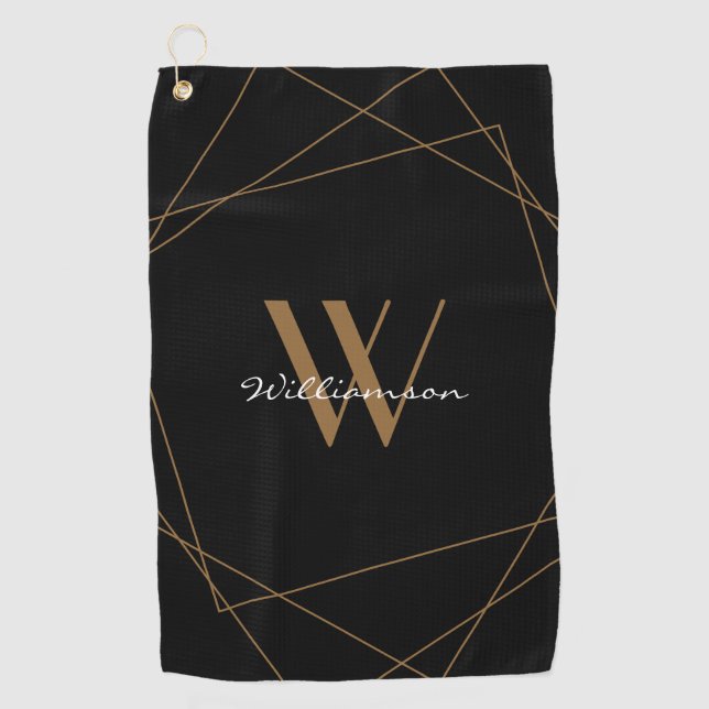 Serviette De Golf Élégant Black Gold Monogramme Nom Script (Devant)