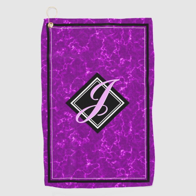 Serviette De Golf Élégant marbre violet noir diamant Script initial (Devant)