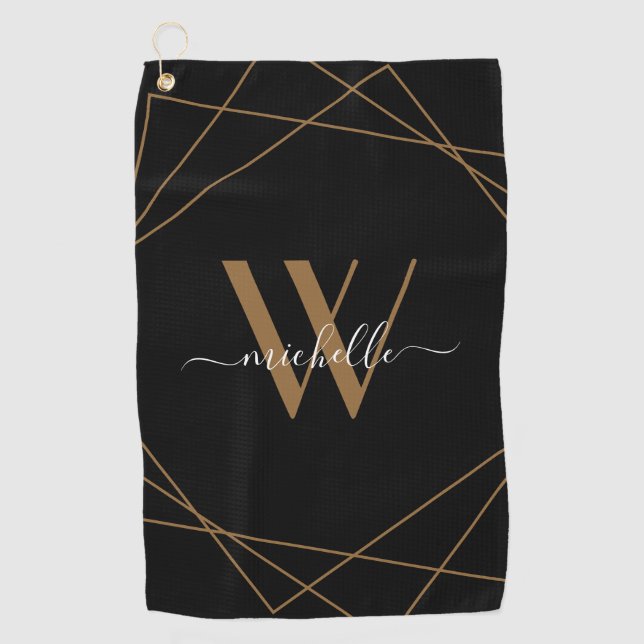 Serviette De Golf Élégant Monogram Black Gold Nom de script (Devant)