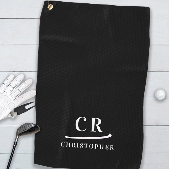 Serviette De Golf Élégant Monogramme moderne Initiales Nom Noir Blan (Elegant Modern Monogram Initials Name Black White Golf Towel)