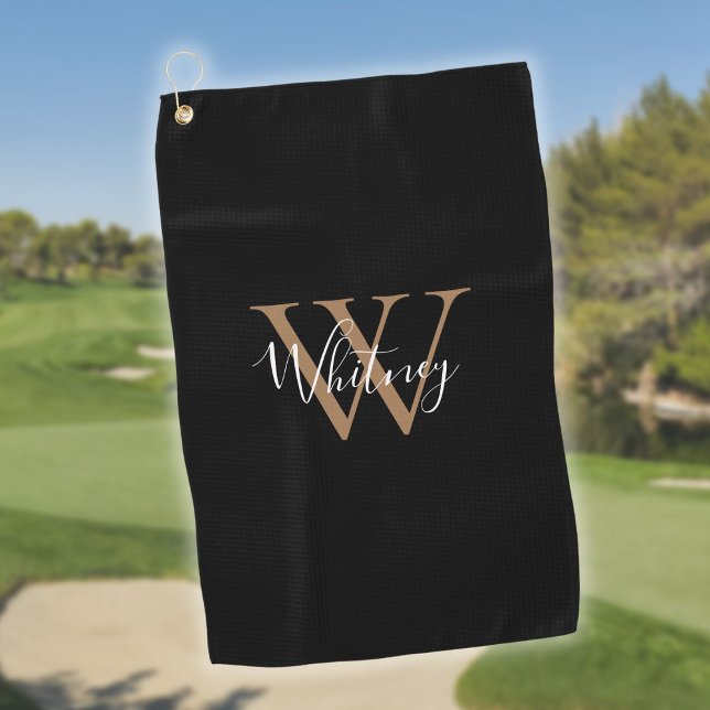 Serviette De Golf Élégant Monogramme Script Noir Or Blanc (Elegant Monogram Script Black Gold White Golf Towel)