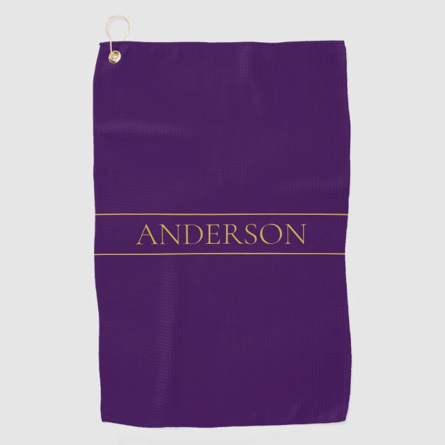 Serviette De Golf Élégant texte personnalisable | Gold & Deep Purple (Devant)