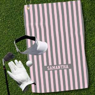 Serviette De Golf Élégantes rayures rose et gris personnalisées avec