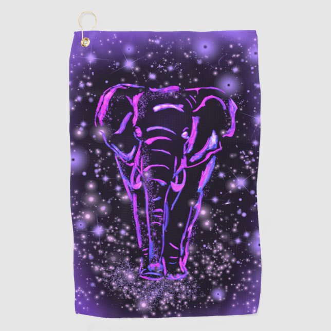 Serviette De Golf Eléphant Rose Violet Neon Marchant La Nuit étoilée (Devant)