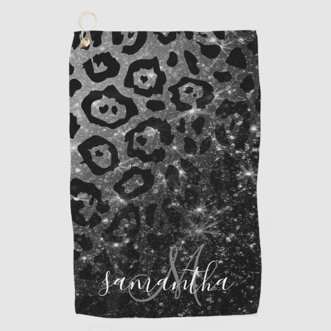 Serviette De Golf Empreinte de léopard noir et Parties scintillant (Devant)