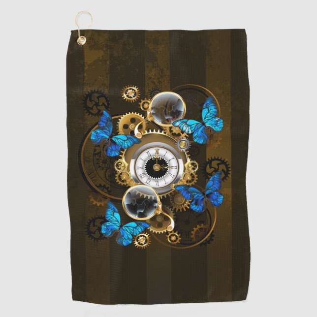 Serviette De Golf Engrenages à vapeur et papillons bleus (Devant)