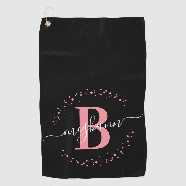 Serviette De Golf Fille élégante rose noir Nom Monogramme Script (Devant)