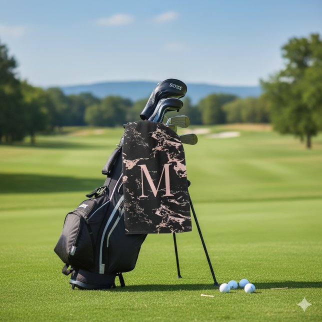 Serviette De Golf Fille Marbre Noir Rose Or Monogramme huile (Girly Black Marble Rose Gold Foil Monogram Golf Towel)