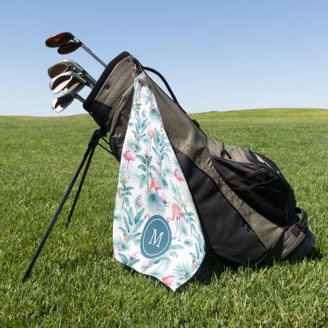 Serviette De Golf Flamants roses et fleurs tropicales motif (Vert)