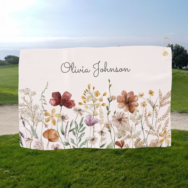 Serviette De Golf Fleur sauvage d'aquarelle personnalisé Joli floral (In situ)
