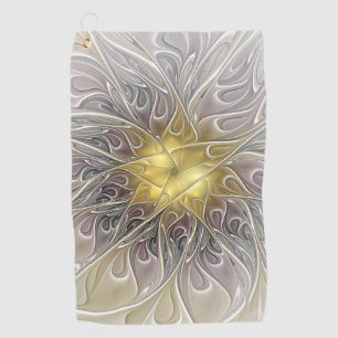 Serviette De Golf Fleurir Avec Or Moderne Fleur Abstraite Fractale