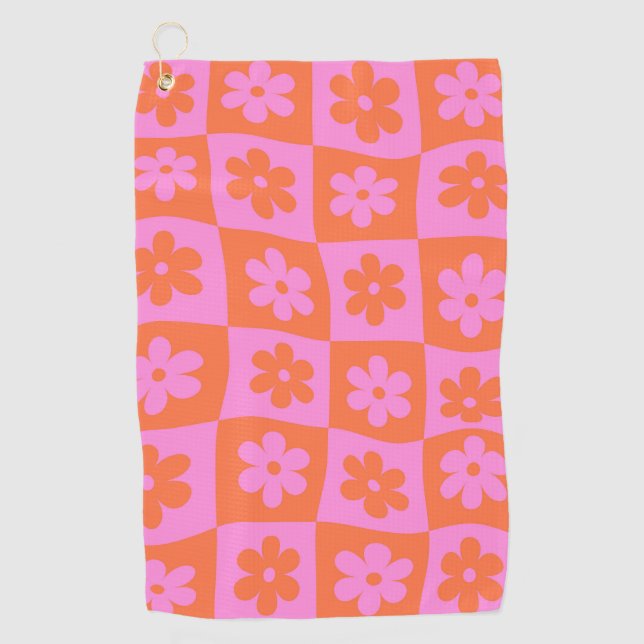 Serviette De Golf Fleurs À damiers rétro déformées rose orange (Devant)