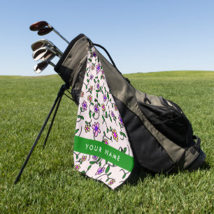 Serviette De Golf Fleurs Colorées, Fond Rose, Vert