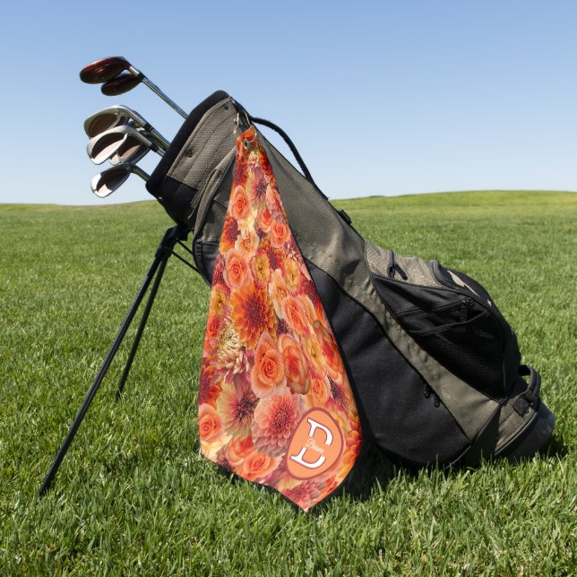 Serviette De Golf Fleurs de Pêche Orange Monogrammé Floral (Vert)