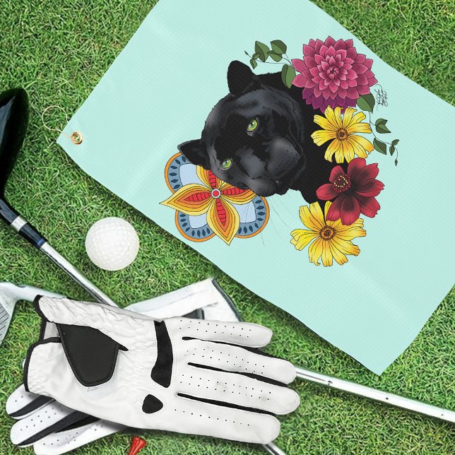 Serviette De Golf Fleurs de Portrait Jaguar Noir (Créateur téléchargé)