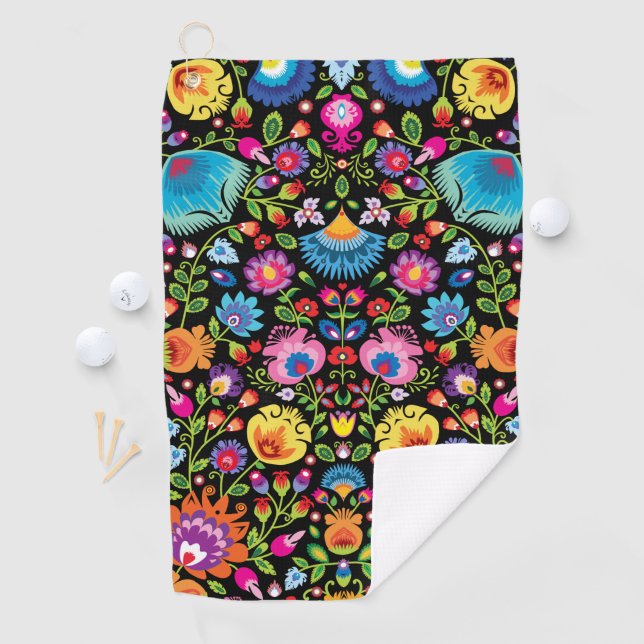 Serviette De Golf Fleurs folkloriques Wycinanki noir (En situation)