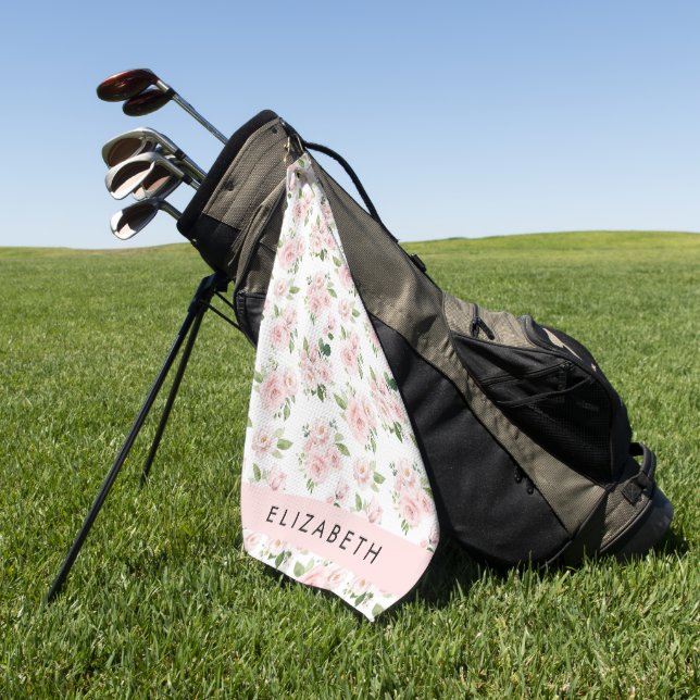 Serviette De Golf Fleurs roses, Roses, Fleurs Aquarelles, Votre Nom (Vert)