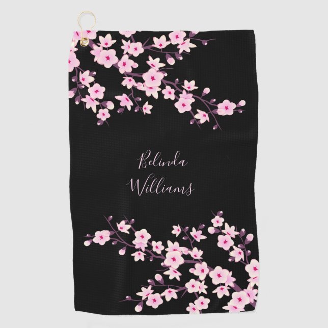 Serviette De Golf Floral Pink Black Cherry Blossom Monogram (Devant)